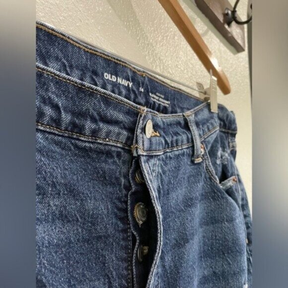 Old Navy High Rise Slouchy Straight Jean Distressed Button Fly Dark Wash - Picture 4 of 9